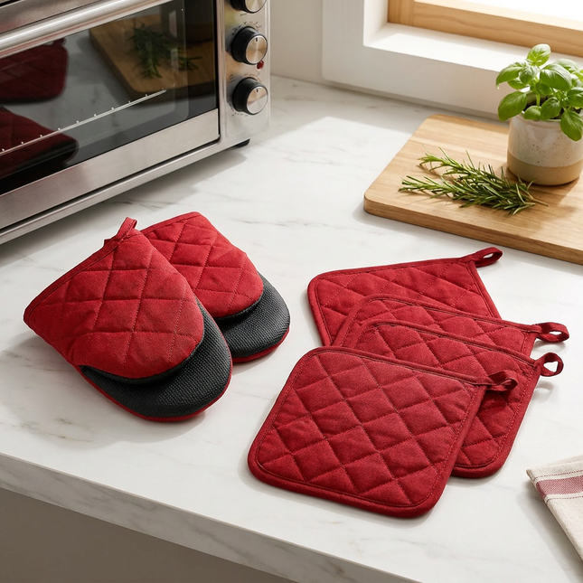 Red Heat Resistant Oven Mitts Set 1 Pair and 4 Pot Holders Quilted Cotton Kitchen V888-ELOSUNG543014