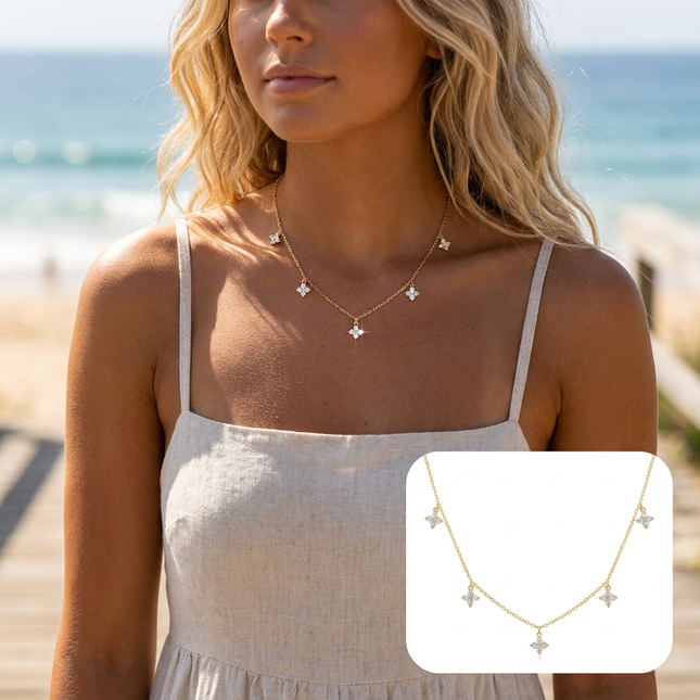 Gold Four Leaf Clover Pendant Necklace with Gift Box Gold Tone Cubic Zirconia Charm Necklace Adjustable