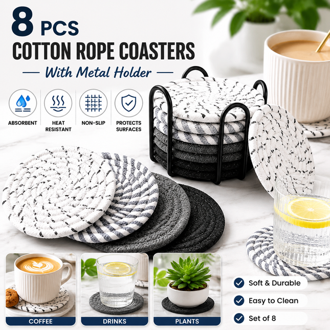 Black 8 Piece Handmade Braided Cotton Coasters Set with Holder 4.3 Inch Round Absorbent Drink