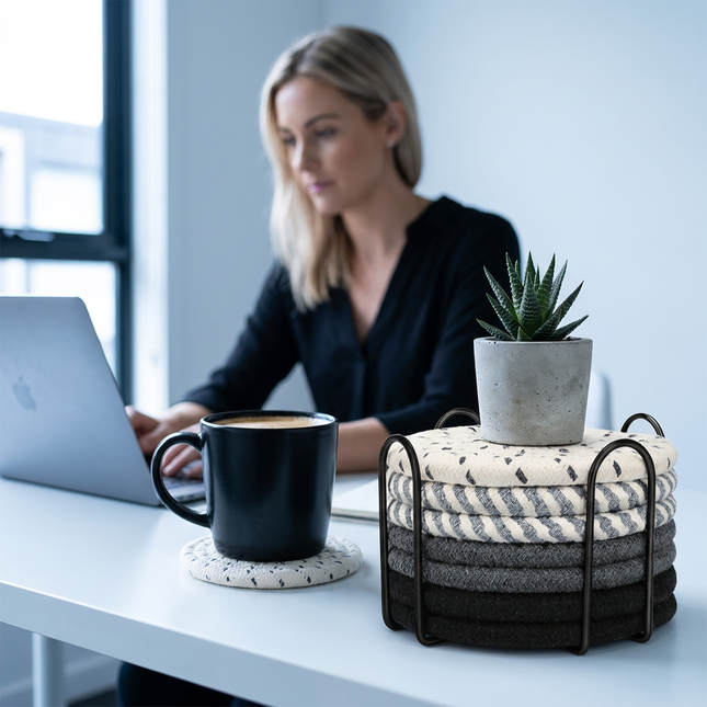 Black 8 Piece Handmade Braided Cotton Coasters Set with Holder 4.3 Inch Round Absorbent Drink – product detail