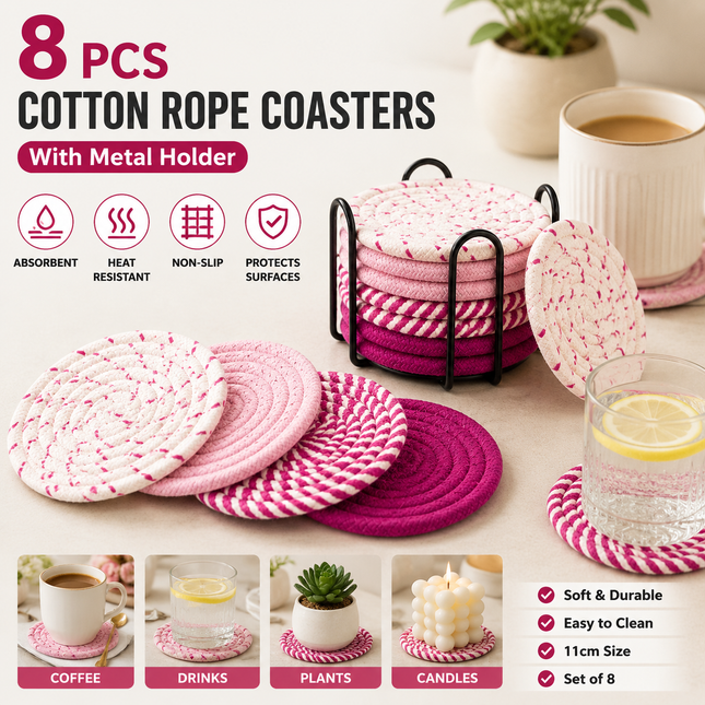 Pink series 8 Piece Handmade Braided Cotton Coasters Set with Holder 4.3 Inch Round Absorbent