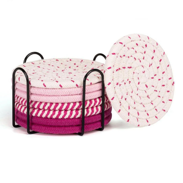 Pink series 8 Piece Handmade Braided Cotton Coasters Set with Holder 4.3 Inch Round Absorbent – product detail