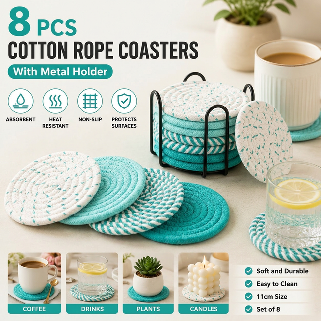 Green series 8 Piece Handmade Braided Cotton Coasters Set with Holder 4.3 Inch Round Absorbent