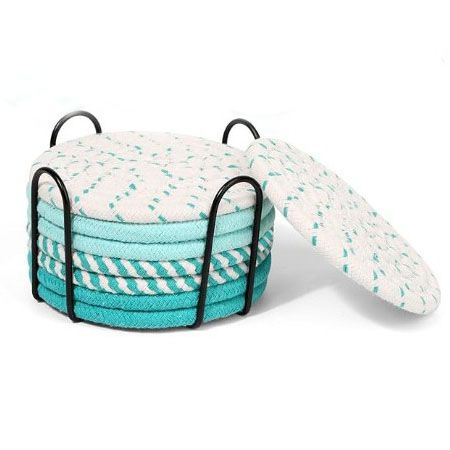 Green series 8 Piece Handmade Braided Cotton Coasters Set with Holder 4.3 Inch Round Absorbent – product detail
