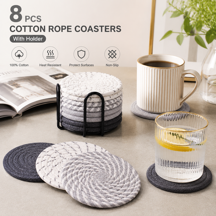 Gray tones 8 Piece Handmade Braided Cotton Coasters Set with Holder 4.3 Inch Round Absorbent