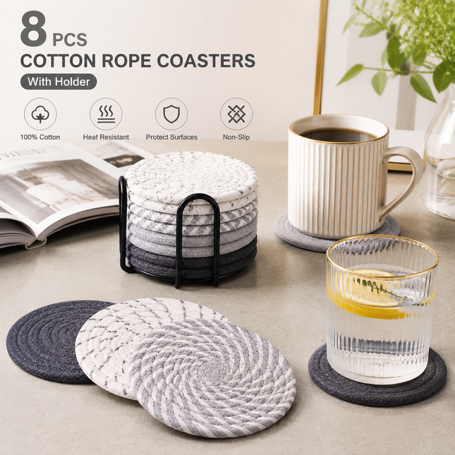 Gray tones 8 Piece Handmade Braided Cotton Coasters Set with Holder 4.3 Inch Round Absorbent