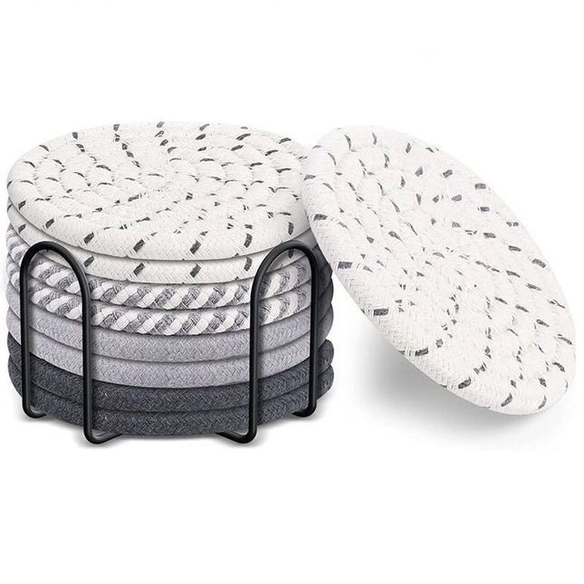 Gray tones 8 Piece Handmade Braided Cotton Coasters Set with Holder 4.3 Inch Round Absorbent – product detail