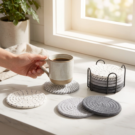 Gray tones 8 Piece Handmade Braided Cotton Coasters Set with Holder 4.3 Inch Round Absorbent – design and finish