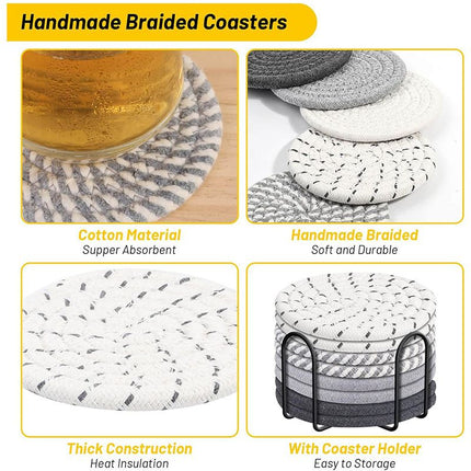 Gray tones 8 Piece Handmade Braided Cotton Coasters Set with Holder 4.3 Inch Round Absorbent – product features