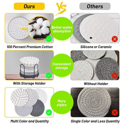 Gray tones 8 Piece Handmade Braided Cotton Coasters Set with Holder 4.3 Inch Round Absorbent – hardware detail