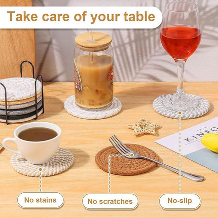 Gray tones 8 Piece Handmade Braided Cotton Coasters Set with Holder 4.3 Inch Round Absorbent – product perspective
