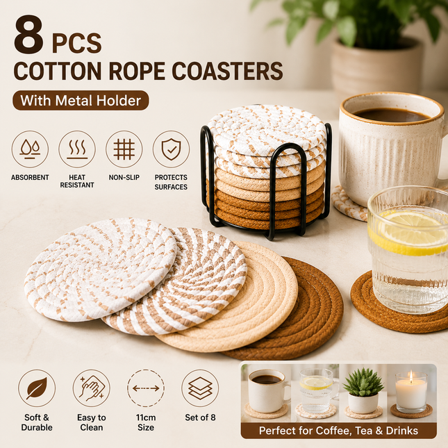 Brown series 8 Piece Handmade Braided Cotton Coasters Set with Holder 4.3 Inch Round Absorbent