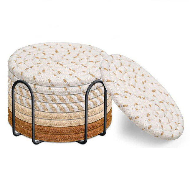 Brown series 8 Piece Handmade Braided Cotton Coasters Set with Holder 4.3 Inch Round Absorbent – product detail