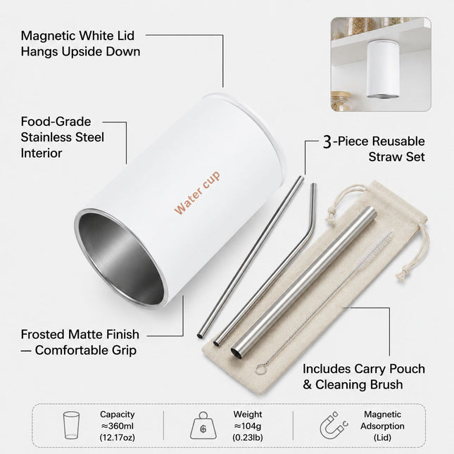 White 304 Stainless Steel Magnetic Hanging Water Bottle Set 12.17 oz Reusable Drinking Bottle Comes
