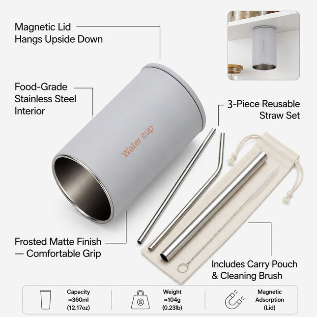 Gray 304 Stainless Steel Magnetic Hanging Water Bottle Set 12.17 oz Reusable Drinking Bottle Comes