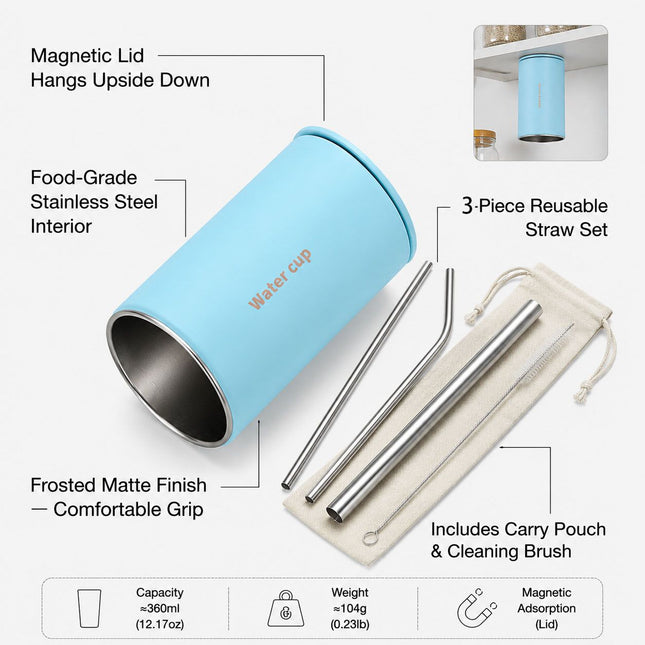 Blue 304 Stainless Steel Magnetic Hanging Water Bottle Set 12.17 oz Reusable Drinking Bottle Comes