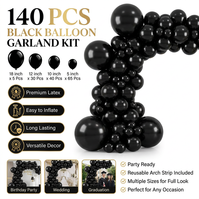 140PCS Black Balloon Garland Kit Latex Balloon Arch Set for Birthday Wedding Party Decoration Black Party