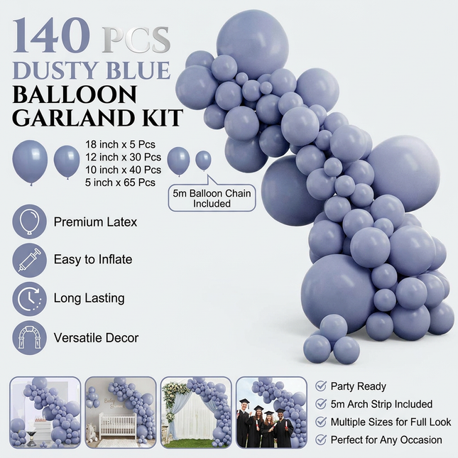 140PCS Grayish blue Balloon Garland Kit Latex Balloon Arch Set for Birthday Wedding Party
