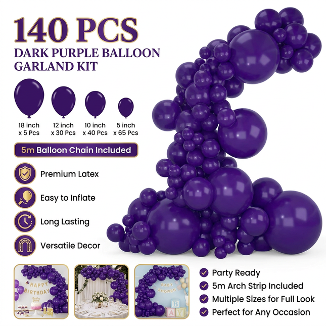 140PCS Deep purple Balloon Garland Kit Latex Balloon Arch Set for Birthday Wedding Party Decoration