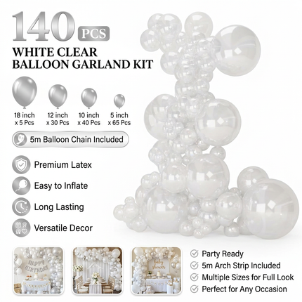 140PCS Transparent Balloon Garland Kit Latex Balloon Arch Set for Birthday Wedding Party Decoration Transparent Party Balloon Arch Kit with Multiple Sizes