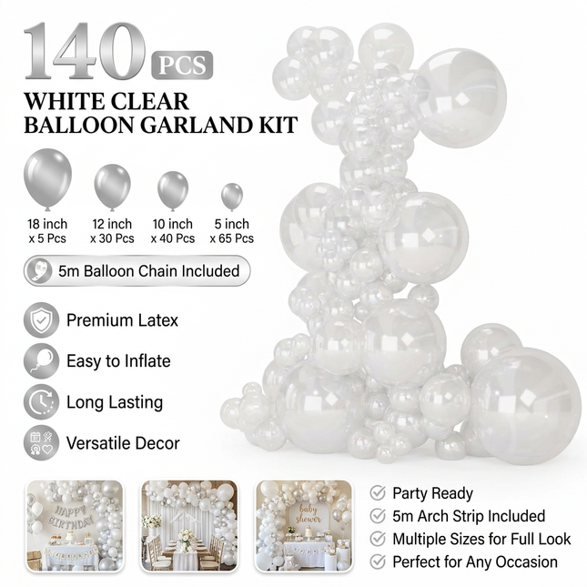 140PCS Transparent Balloon Garland Kit Latex Balloon Arch Set for Birthday Wedding Party