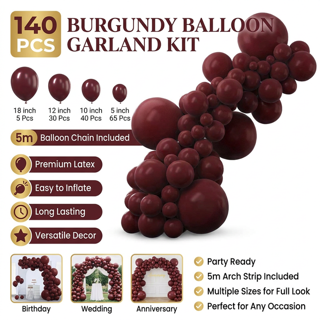 140PCS Wine red Balloon Garland Kit Latex Balloon Arch Set for Birthday Wedding Party Decoration Wine red