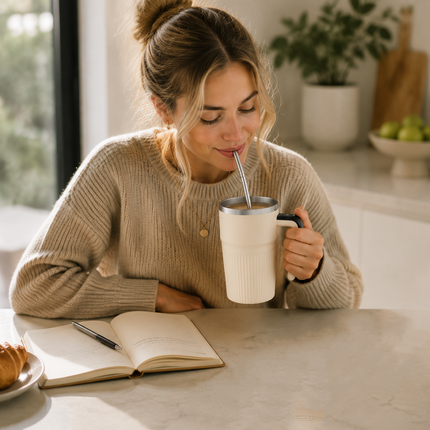 White Self Stirring Coffee Mug Electric Temperature Display Cup 14.4cm (5.67in) Stainless Steel Insulated Travel Mug with 3-Piece Stainless Steel Straw Set for Coffee Milk Protein Shakes