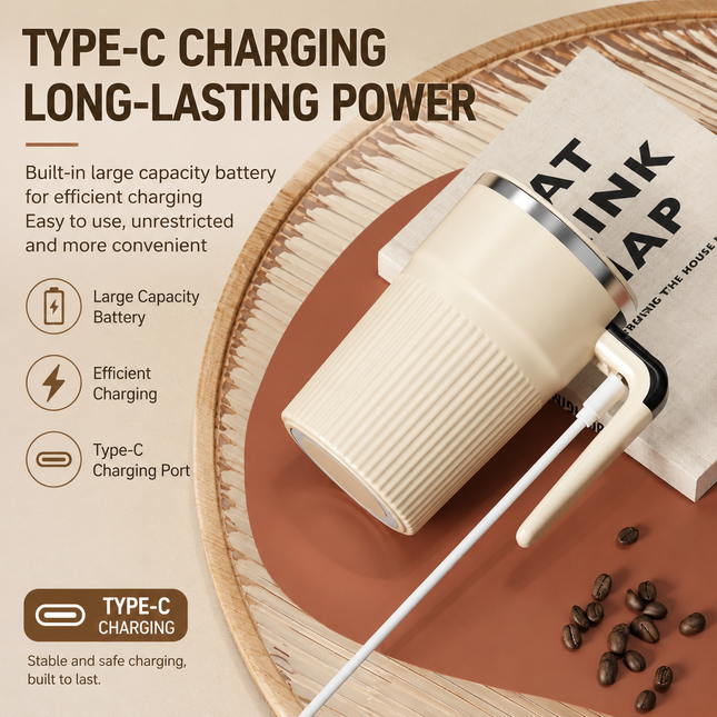 White Electric Self Stirring Mug with Temperature Display Type-C Rechargeable Insulated Coffee Mixing