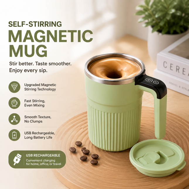 Green Electric Self Stirring Mug with Temperature Display Type-C Rechargeable Insulated Coffee Mixing