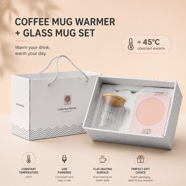 Pink Coffee Mug Warmer Set with Glass Mug and Lid USB Powered 13W Constant Temperature Heating Coaster