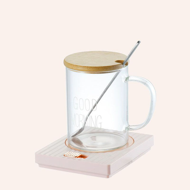 Pink Coffee Mug Warmer Set with Glass Mug and Lid USB Powered 13W Constant Temperature Heating Coaster – product detail