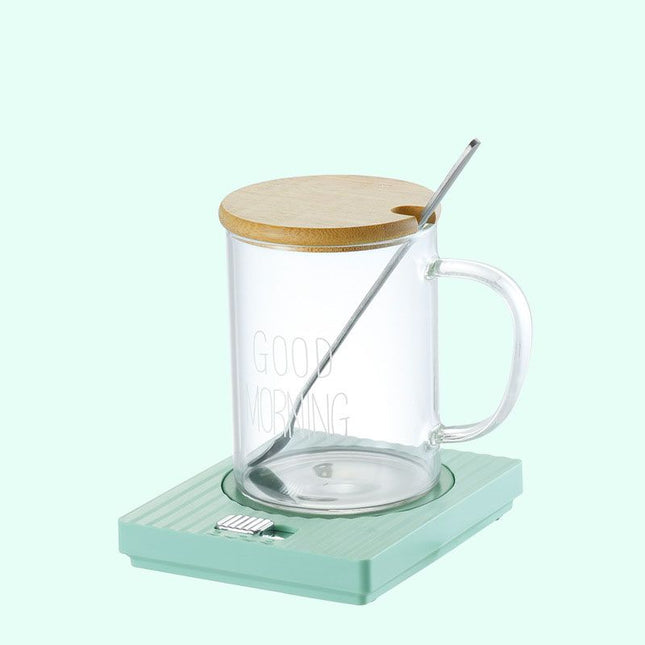 Green Coffee Mug Warmer Set with Glass Mug and Lid USB Powered 13W Constant Temperature Heating Coaster – product detail
