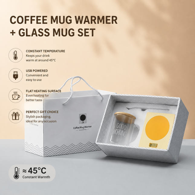 Yellow Coffee Mug Warmer Set with Glass Mug and Lid USB Powered 13W Constant Temperature Heating Coaster