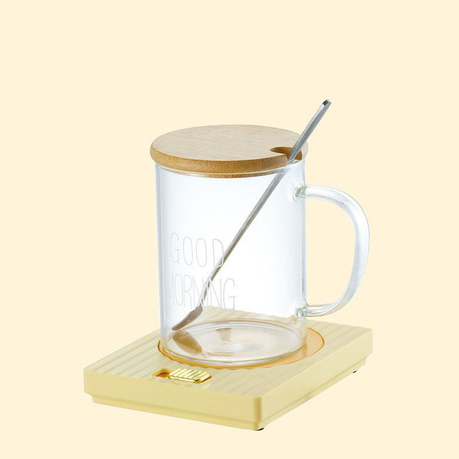 Yellow Coffee Mug Warmer Set with Glass Mug and Lid USB Powered 13W Constant Temperature Heating Coaster – product detail