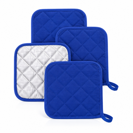 4 Pack Heat Resistant Pot Holders - Blue Cotton Silver Coated Quilted Kitchen Heat Pads Non Slip Oven Mats 18x18cm Baking Cooking Microwave Use Durable Thermal Protection