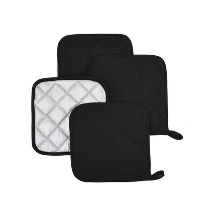 4 Pack Heat Resistant Pot Holders - Black Cotton Silver Coated Quilted Kitchen Heat Pads Non Slip Oven Mats 18x18cm Baking Cooking Microwave Use Durable Thermal Protection