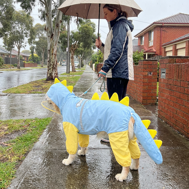 Blue Dog Raincoat Dinosaur Hooded Waterproof Jacket 4XL Size with Leash Hole Removable Tail Cover – product detail