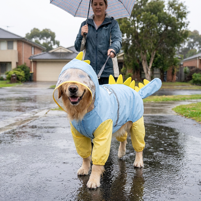 Blue Dog Raincoat Dinosaur Hooded Waterproof Jacket 6XL Size with Leash Hole Removable Tail Cover
