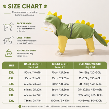Green Dog Raincoat Dinosaur Hooded Waterproof Jacket 3XL Size with Leash Hole Removable Tail Cover Full Body Coverage Pet Rain Coat for Outdoor Walking Large Dogs