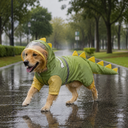 Green Dog Raincoat Dinosaur Hooded Waterproof Jacket 5XL Size with Leash Hole Removable Tail Cover Full Body Coverage Pet Rain Coat for Outdoor Walking Large Dogs