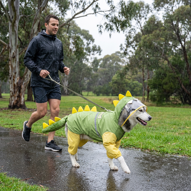 Green Dog Raincoat Dinosaur Hooded Waterproof Jacket 5XL Size with Leash Hole Removable Tail Cover – product detail
