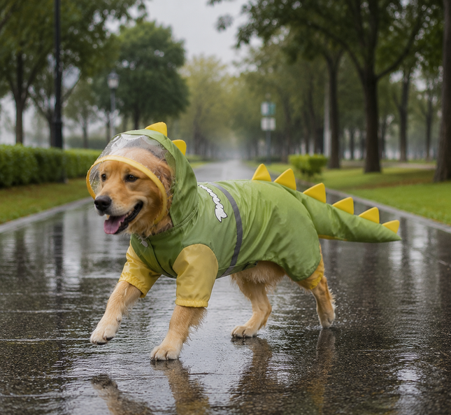 Green Dog Raincoat Dinosaur Hooded Waterproof Jacket 6XL Size with Leash Hole Removable Tail Cover