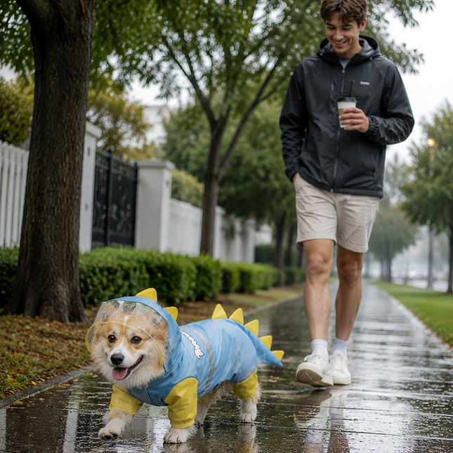 Blue Size 2XL Waterproof Dinosaur Dog Raincoat with Harness Hole Full Body Pet Rain Jacket for Small Dogs