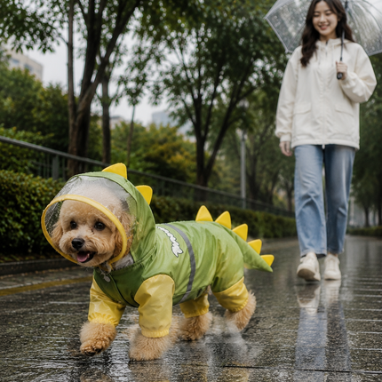 Green Size L Waterproof Dinosaur Dog Raincoat with Harness Hole Full Body Pet Rain Jacket for Small Dogs Tail Cover Lightweight Outdoor Walking