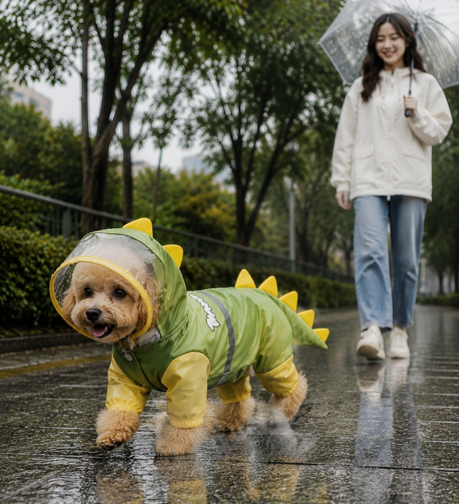 Green Size L Waterproof Dinosaur Dog Raincoat with Harness Hole Full Body Pet Rain Jacket for Small Dogs – product detail