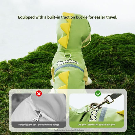 Green Size XL Waterproof Dinosaur Dog Raincoat with Harness Hole Full Body Pet Rain Jacket for Small Dogs Tail Cover Lightweight Outdoor Walking