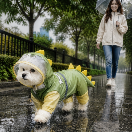 Green Size 2XL Waterproof Dinosaur Dog Raincoat with Harness Hole Full Body Pet Rain Jacket for Small Dogs Tail Cover Lightweight Outdoor Walking