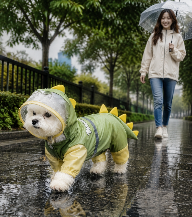 Green Size 2XL Waterproof Dinosaur Dog Raincoat with Harness Hole Full Body Pet Rain Jacket for Small Dogs