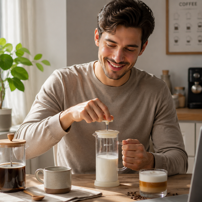 Manual Milk Frother Glass Mug 450ml Hand Press Coffee Foamer Stainless Steel Filter Barista Style Milk Foam