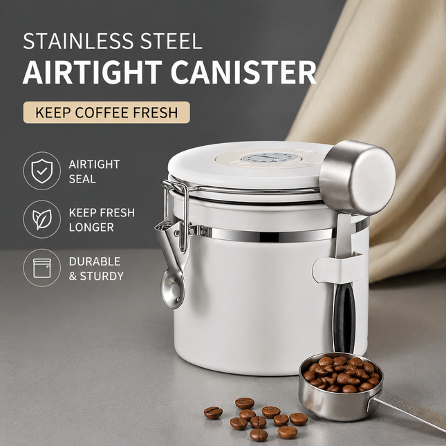 White 304 Stainless Steel Airtight Coffee Canister 1200ml Vacuum Seal Storage Jar with Date Tracker &